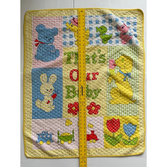 Thats Our Baby Princess Fabric Baby Blanket Quilt Yellow Bear Duck Train Flower - Picture 5 of 7